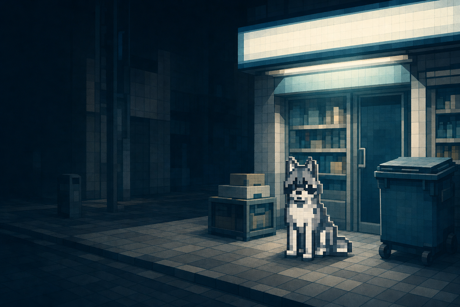 Pixky sitting outside a lit corner shop at night, beside boxes and a wheeled bin
